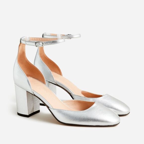 J. Crew Silver Block Heel Ankle Strap Heels - Picture 1 of 7